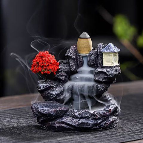 Incense burner/smoke waterfall red flower + 10 cones